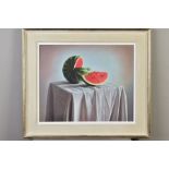 JUAN HIGUERAS (SPANISH 1963), 'Still Life II', a sliced watermelon on a table, signed and dated (