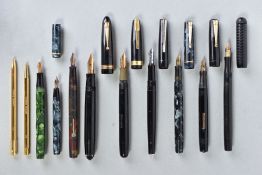 A COLLECTION OF NINE VINTAGE FOUITAIN PENS AND A CONWAY STEWART BALLPOINT AND PENCIL SET, these