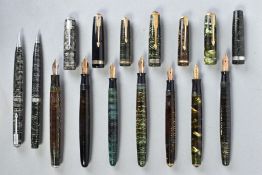 SEVEN PARKER VACUMATIC FOUNTAIN PENS and two propelling pencils, these are mostly laminated