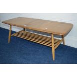 AN ERCOL BLONDE ELM RECTANGULAR COFFEE TABLE, on four beech tapering legs united by a spindled