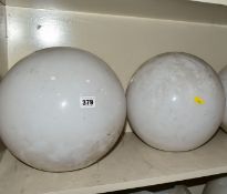 A PAIR OF OPAQUE WHITE GLASS SPHERICAL CEILING LIGHT SHADES WITH OVERPAINTED NICKEL PLATED FITTINGS,