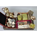 A BOX OF MISCELLANEOUS ITEMS, to include various EPNS silver plated pieces, to include lidded