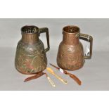 A BOX OF COPPER AND COLLECTABLES, including a pair of Indian Arts & Crafts style copper ewers,