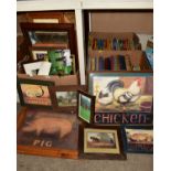 THREE BOXES OF PRINTS, MIRRORS AND BOOKS, including animal themed pictures, children's annuals,