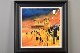 PETER J. RODGERS (BRITISH CONTEMPORARY), 'Illumination, Cardiff', a rainy evening by the pier,