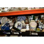 THREE BOXES OF CERAMICS, GLASS, METALWARES ETC, including a Poole pottery cylindrical vase and