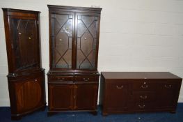 A MODERN MAHOGANY TWO DOOR BOOKCASE with two drawers (key, sd), similar corner cupboard and an oak