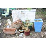 SEVEN GLAZED GARDEN PLANTERS, an oblong garden planter, four garden figures and a plastic storage