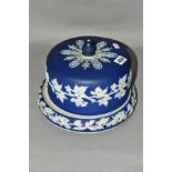 A BLUE JASPER CHEESE DOME, the base decorated with oak leaves, the dome is decorated with fruit
