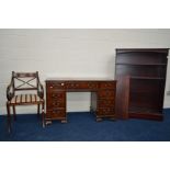 A REPRODUCTION MAHOGANY STRUNG INLAY PEDESTAL DESK with nine assorted drawers together with a carver