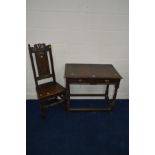 A 19TH CENTURY OAK SIDE TABLE with a single long frieze drawer on turned legs, width 81cm x depth