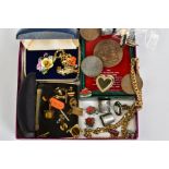 A SELECTION OF COSTUME JEWELLERY, CUFFLINKS AND PINS, to include a Coalport fine bone china flower