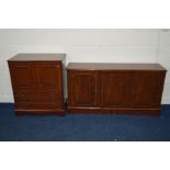 A MODERN MAHOGANY SIDEBOARD WITH THREE CUPBOARDS, width 153cm x depth 38cm x height 78cm, together