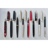 SIX PARKER FOUNTAIN PENS, A PROPELLING PENCIL AND A STERLING SILVER 75 ROLLER BALL (no cartridge),