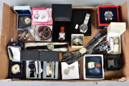 A BOX OF WATCHES, to include a ladies, gentleman's and a child's watch, of various designs, two by