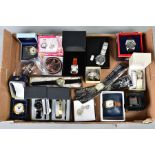 A BOX OF WATCHES, to include a ladies, gentleman's and a child's watch, of various designs, two by
