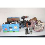 A TRAY OF POWER TOOLS AND A BAG OF PLASTERING TOOLS including a Black & Decker circular saw, a