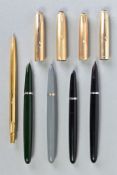 FOUR PARKER '51' with gold filled caps and a gold coloured Classic Ballpoint, including two in black