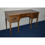 AN EARLY 20TH CENTURY GEORGE III STYLE MAHOGANY AND STRUNG INLAY DESK, two cupboard doors flanking a