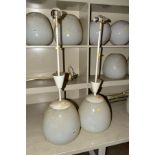 A PAIR OF OPAQUE WHITE OVOID GLASS AND PAINTED NICKEL PLATED CEILING LIGHT FITTINGS, approximate