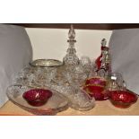 A GROUP OF GLASSWARES, to include some cranberry coloured items (sd), a cut glass decanter (