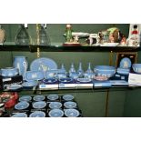 A COLLECTION OF BOXED AND LOOSE WEDGWOOD JASPERWARE, in pale blue and pink, including framed oval