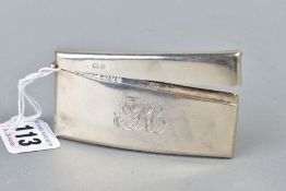 A GEORGE V SILVER CARD CASE, of bowed rectangular form, plain, engraved initials, hinged top, makers