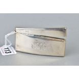 A GEORGE V SILVER CARD CASE, of bowed rectangular form, plain, engraved initials, hinged top, makers