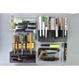 TWO TRAYS AND TWO BOXES OF VINTAGE FOUNTAIN PENS AND PENCILS including a Stypen Demonstrater, four