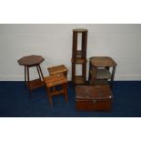A QUANTITY OF OCCASIONAL FURNITURE to include an oak three tier occasional table with canted