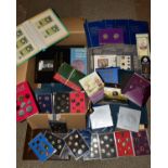 A LARGE BOX AND TUB OF COINS AND COMMEMORATIVES to include fourteen proof United Kingdom year sets