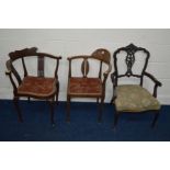 TWO EDWARDIAN MAHOGANY STRUNG INLAY CORNER CHAIRS and an elbow chair (3)