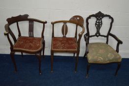 TWO EDWARDIAN MAHOGANY STRUNG INLAY CORNER CHAIRS and an elbow chair (3)