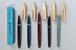 FIVE PARKER FOUNTAIN PENS WITH ROLLED GOLD CAPS these include three '51' in burgundy, blue and a