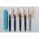 FIVE PARKER FOUNTAIN PENS WITH ROLLED GOLD CAPS these include three '51' in burgundy, blue and a