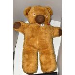 A GOLDEN PLUSH TEDDY BEAR, c.1970's, no makers marking, possibly from a kit, felt eyes, brown felt
