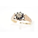 A 9CT GOLD SAPPHIRE AND DIAMOND CLUSTER RING, the central single cut diamond in a star illusion