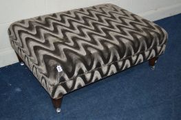 A MODERN DARK GREY UPHOLSTERED RECTANGULAR FOOTSTOOL, with a wavy design on four fluted legs and