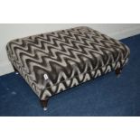 A MODERN DARK GREY UPHOLSTERED RECTANGULAR FOOTSTOOL, with a wavy design on four fluted legs and