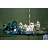 A GROUP OF POOLE POTTERY BLUE GLAZED BIRDS AND ANIMALS together with other glass and ceramics,