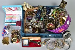 A BOX OF COSTUME JEWELLERY ETC, to include a cased Philip Mercier wristwatch with interchangeable