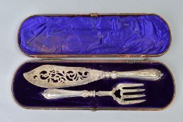 A CASED SET OF VICTORIAN SILVER FISH SERVERS, foliate engraved decoration, makers Harrison