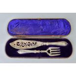 A CASED SET OF VICTORIAN SILVER FISH SERVERS, foliate engraved decoration, makers Harrison