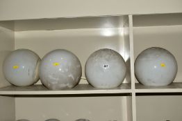 A SET OF FOUR OPAQUE WHITE GLASS SPHERICAL CEILING LIGHT SHADES WITH OVERPAINTED NICKEL PLATED