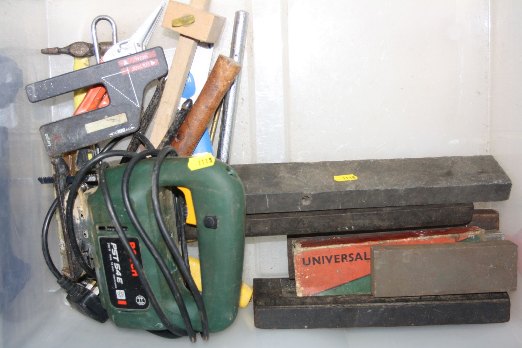 THREE BOXES OF VINTAGE AND MODERN TOOLS including wooden moulding planes, saws, axle stands, a Bosch - Image 4 of 4