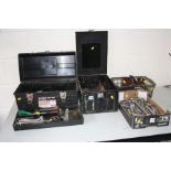 A TOOLBOX, A DEED BOX AND TWO TRAYS containing spanners, sockets and other tools (4)