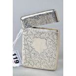 A LATE VICTORIAN SILVER CARD CASE, of rectangular form, engraved with leaf decoration, vacant