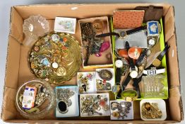 A BOX OF MAINLY COSTUME JEWELLERY AND WATCHES, to include an Exquisite leaf brooch, an enamel