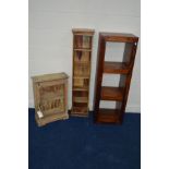 A MANGOWOOD THREE TIER SHELVES, together with a c.d. rack and a single door cabinet (3)