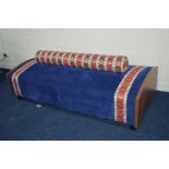 A MODERN BLUE AND SOUTH AMERICAN STYLE STRIPPED UPHOLSTERED DOUBLE SIDED SEAT, length 210cm x
